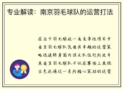 专业解读：南京羽毛球队的运营打法