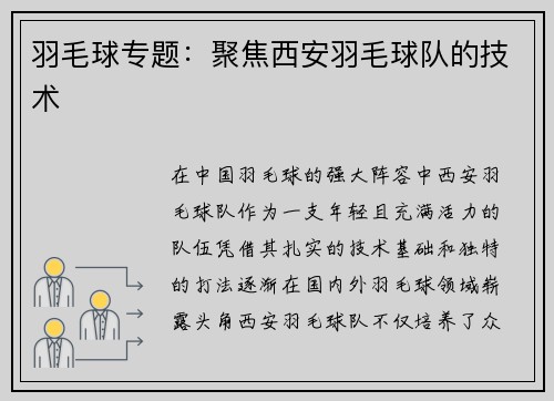 羽毛球专题：聚焦西安羽毛球队的技术