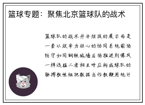 篮球专题：聚焦北京篮球队的战术