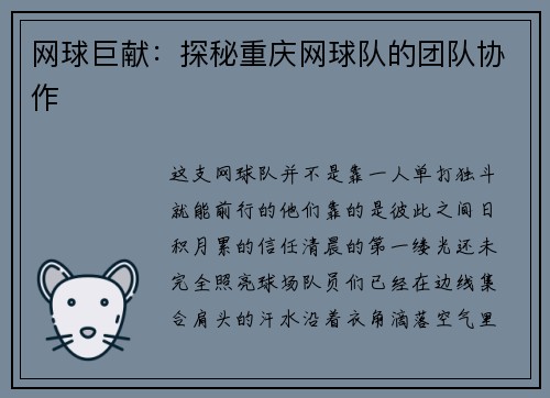 网球巨献：探秘重庆网球队的团队协作