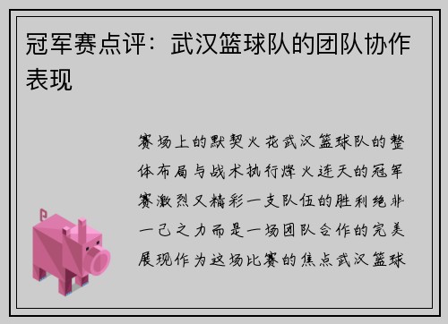 冠军赛点评：武汉篮球队的团队协作表现